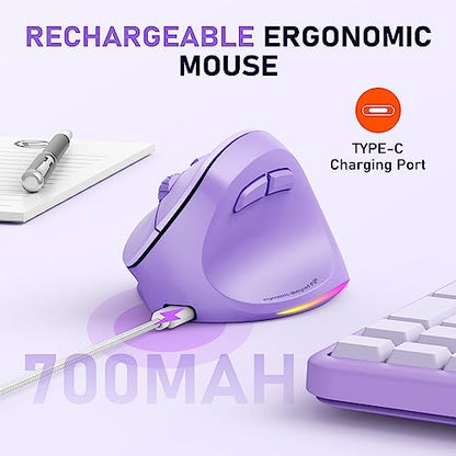 MEETION Ergonomic Wireless Vertical Mouse, Rechargeable, Purple | Bluetooth 5.2 + 3.0 and USB connectivity, RGB backlight, 4 DPI adjustment, compatible with Windows, Mac, Android, PC and iPad - color: Right Purple