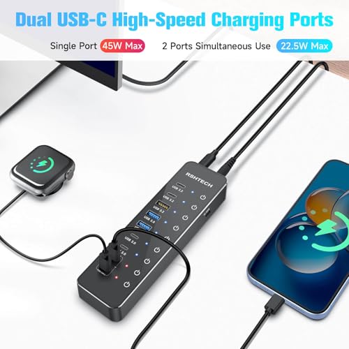 RSHTECH 10-Port Powered USB C Hub 66W with 3x10Gbps USB-3.2 Data Ports (2C + 1A), 4 USB 3.0 Ports (2C + 2A), 2 USB-C PD 45W Charging Ports and PD 100W, USB Expander Splitter for Laptop, RSH-ST10P