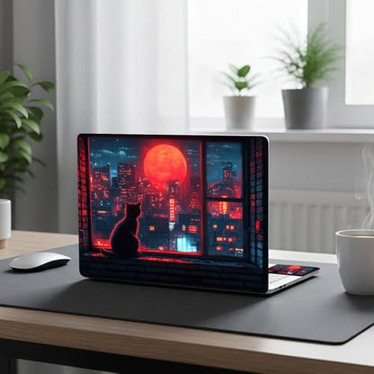 Aesthetic Laptop Skin Cover,12-15.6 Inch Universal Vinyl Sticker Decal,Waterproof Scratch-Resistant Notebook Wrap,Removable Residue-Free Protector,Red Moon City Cat - color: Red Moon City Cat