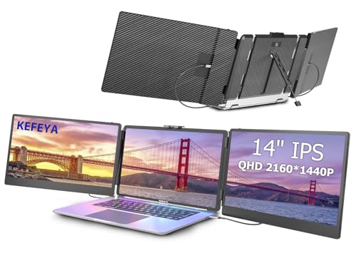 KEFEYA Laptop Screen Extender, 14" Portable Monitor for Laptop, 1440P QHD Triple Screen Monitor Extender for 13"-17" Laptops, HDMI/USB-C for MacBook, Windows, Chrome, Switch, Plug & Play - size: 14.1"
