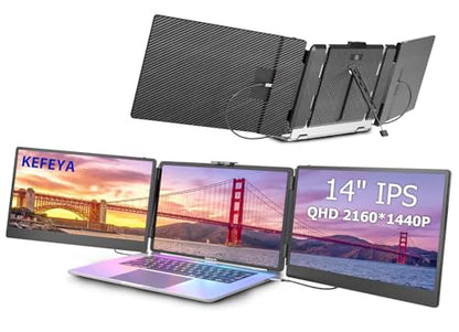 KEFEYA Laptop Screen Extender, 14" Portable Monitor for Laptop, 1440P QHD Triple Screen Monitor Extender for 13"-17" Laptops, HDMI/USB-C for MacBook, Windows, Chrome, Switch, Plug & Play - size: 14.1"