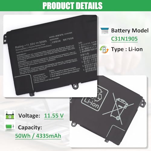 50Wh C31N1905 Laptop Battery Replacement for Asus VivoBook S13 S330FA S330UA S333EA S333JA S14 M433IA S433EA S433IA S15 D533IA S513EA M533IA S532FA S533EA S533FL S533EQ S533IA Series - size: 11.2*3.53*0.15inch C31N1905