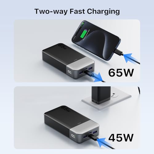 JUOVI Portable Charger 65W Power Bank 20000mAh Compact USB C Laptop Power Bank Fast Charging Battery Pack for Laptop MacBook Dell XPS iPad Tablet Steam Deck iPhone 17/16/15/14 Series Samsung and More - color: Black