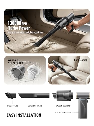 REWONDER Electric Air Duster Cordless Rechargeable Cleaner with Vacuum | 130000RPM brushless motor, 100 adjustable speeds, LED display, 2-in-1 blow & vacuum, for PC, keyboard, car, home cleaning