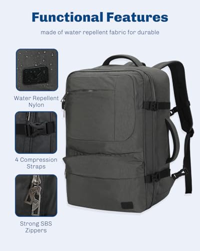Hynes Eagle 44L Carry on Backpack Airline Approved Travel Backpack for Men Women Large Laptop Backpack 17 inch Nylon Backpack Overnight Weekender Bag Grey - color: Grey