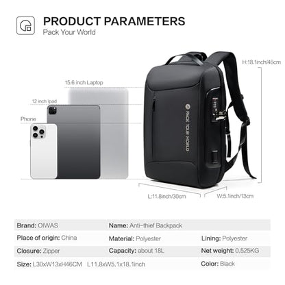 Anti-Theft Backpack, 15.6 Inch Laptop Backpacks for Men, Black | Business Backpack with USB Charging Port, Water Resistant Travel Laptop Backpacks for Work, Travel, Business Trip