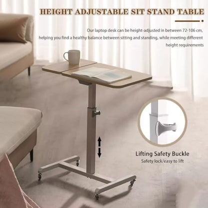 Home Movable Sofa Side Table, Height Adjustable Laptop Desk, Portable Bedside Table with Wheels, Tiltable Freestanding Standing Desk, Easy to Install