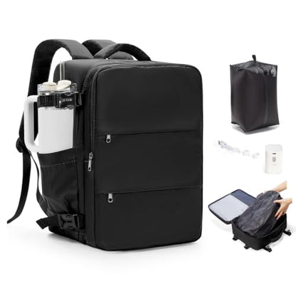 Travel Backpack for Women Men with Compression Vacuum Storage Bag & Electric Pump, Flight Approved Carry On Backpack, Frontier Spirit Airlines Personal Item Bag 18x14x8, Black - color: Black