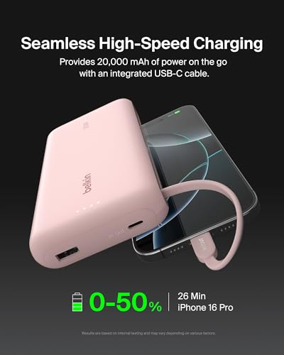 Belkin 20000mAh 30W USB C Power Bank, Portable Charger for iPhone & iPad | Fast Charging, Integrated USB C Cable, Eatra USB C Port, iPhone 17, iPad, Samsung Galaxy S26, Charge 2 Devices - color: Pink, style: 20K mAh
