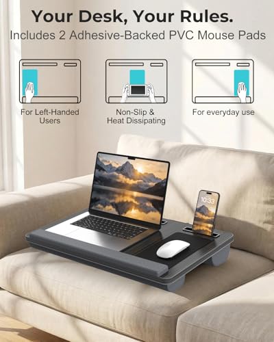 Potuopy Lap Desk Combo, Adjustable Foldable Bed Tray Table with Storage Drawer & Wood Grain Surface, Laptop Stand with Cushion, Wrist Pad, 2 Upgraded Mouse Pads, Tablet & Phone Slots, Supports 17" Lap