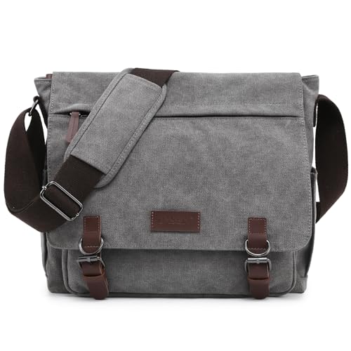 Large Vintage Canvas Messenger Shoulder Bag Travel Crossbody Purse Briefcase Business Bag for 15inch Laptop - color: Grey
