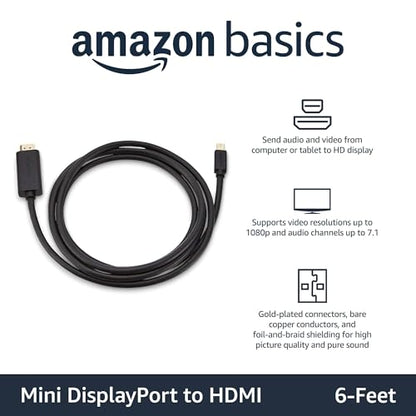 Amazon Basics Mini DisplayPort to HDMI Cable for MacBook Air/Pro, 1080p, Gold-Plated Plugs, 6 Foot, Black - size: 6-Feet