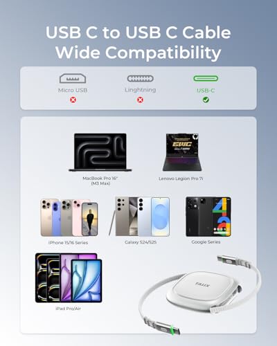 TALIX 240W Retractable USB C Cable, PD 3.2 Fast Charging USB C to USB C Cable with Mag Snap Storage, E-Marker Chip, Anti-Tangle Retractable Cord for Travel, iPhone 17, MacBook, Samsung S25, 3.94FT