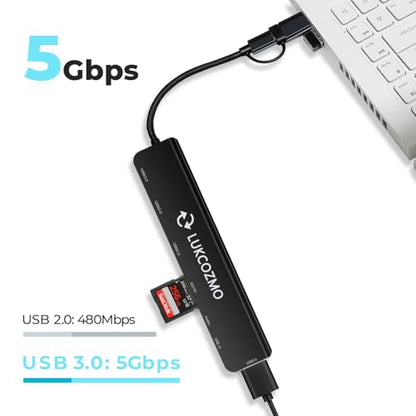 USB-C 7-in-1 Hub: 4 USB 3.0, USB-C, SD/TF, Audio, for MacBook, iPad, Dell, HP, Phones - color: Black