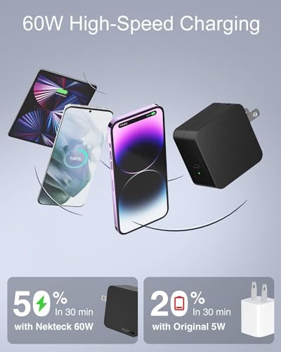 Nekteck 60W USB C Charger, GaN PD 3.0 Fast Charging with Foldable Plug | GaN Charger, Compatible with MacBook Air/Pro, iPhone 16/17 Series, Stable Charging Adapter, Portable for Travel, Office, Home - size: 60W