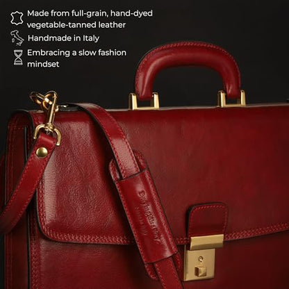 Time Resistance Leather Briefcase - Italian Handmade Leather Laptop Bag - Handbag for Men - Professional Computer Case - color: Red