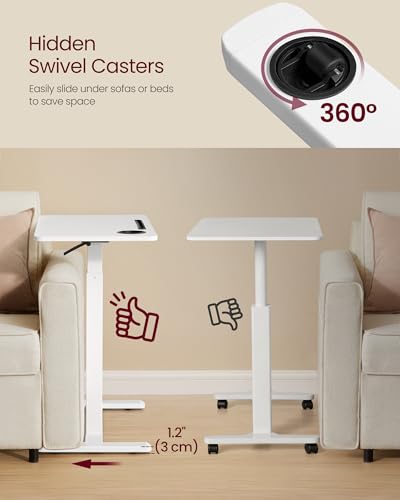 VASAGLE Overbed Table with Wheels, Mobile Standing Computer Desk, 27.6 x 15.7 Inches Tabletop, Adjustable Height, 2 Cup Holders, Phone and Tablet Slot, Cloud White ULSD600W01 - size: 27.6"W x 15.7"D