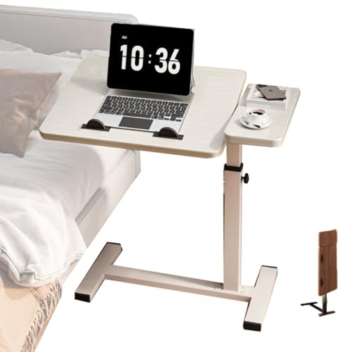 Wooden Side Table for Couch C Shaped Bed Table Rolling Laptop Table Adjustable Overbed Table Folding Nightstand with Tilting Top(White+White) - color: White+white