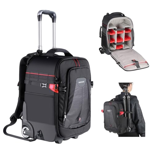 Neewer 2-in-1 Rolling Camera Backpack Trolley Case - Anti-shock Detachable Padded Compartment, Hidden Pull Bar, Durable, Waterproof for Camera,Tripod,Flash Light,Lens,Laptop for Air Travelling(Black) - style: Nw-da410t