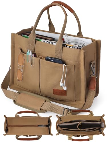 FIORETTO Canvas Tote Bag for Women with Zipper Closure & Individual Compartments for Work College for Teacher & Nurse - color: Brown, size: Medium