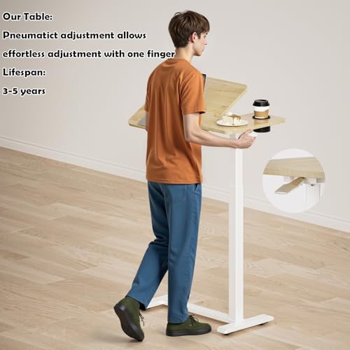 BIZUM Tilt Top Overbed Table on Wheels, Adjustable Rolling Bedside Table | Adjustable height 29.7-43.3in, tilting tabletop, 27.6x15.8in surface, cup holder, 22lb capacity, 4 hidden wheels - color: Maple