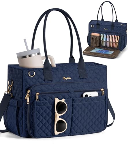 Bagstellar Teacher Tote Bag for Women, 15.6" Laptop Work Tote Computer Bag | Quilted Bible Nurse Bag with 40oz Cup Holder, Insulated Pocket & Strap, Large Laptop Briefcase for School Travel Office Gifts - color: Navy Blue