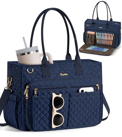 Bagstellar Teacher Tote Bag for Women, 15.6" Laptop Work Tote Computer Bag | Quilted Bible Nurse Bag with 40oz Cup Holder, Insulated Pocket & Strap, Large Laptop Briefcase for School Travel Office Gifts - color: Navy Blue
