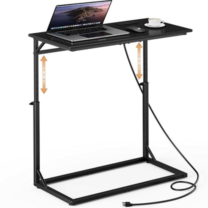 C Shaped End Table with Charging Station, C-Table End Table Adjustable Height Side Table for Couch, Large Couch Tables,Slide Under Sofa Tables TV Tray Arm Tables for Living Room,Bedroom,Black - color: Black, style: With Plug