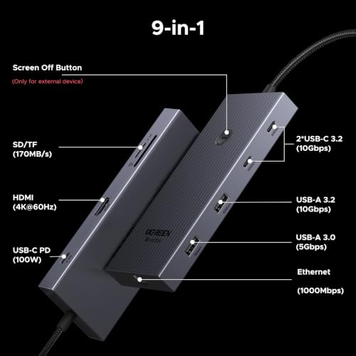 UGREEN Revodok Pro 9 in 1 USB C Hub Gigabit Ethernet Adapter 4K@60Hz HDMI, 100W PD Charging, USB A Data Ports, SD/TF Card Reader Compatible with MacBook Neo/Air/Pro M1, M2, M3,M4, M5,Steam Deck