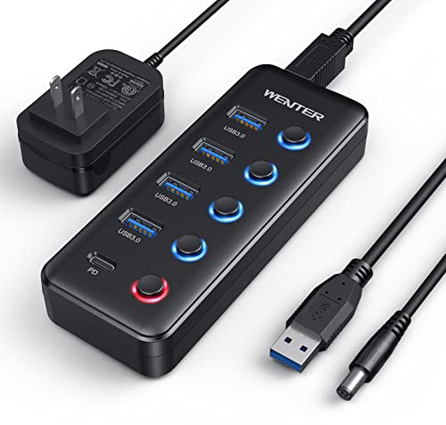Powered USB 3.0 Hub, Wenter 5-Port USB Hub Splitter (4 Faster Data Transfer Ports+ 1 Type-C Charging Ports) with Individual LED On/Off Switches, USB Hub 3.0 Powered with Power Adapter for Mac, PC - color: 4+1C