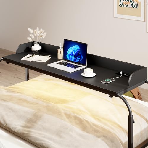 HWB Bed Table Desk with Wheels & Adjustable Height, LED Lights | Charging Station & AC Outlets, Over Bed Desk for King Size - color: Carbon Black