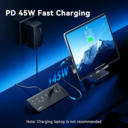 FIDECO 7-Port 72W Powered USB Hub, USB C Hub with 1 PD 45W, 2 QC 3.0 Charging Ports, and 4 USB 3.2 Ports (2 USB-A + 2 USB-C), Aluminum 10Gbps USB Hub for Laptop, PC, MacBook, iPhone 17/16/15, Black