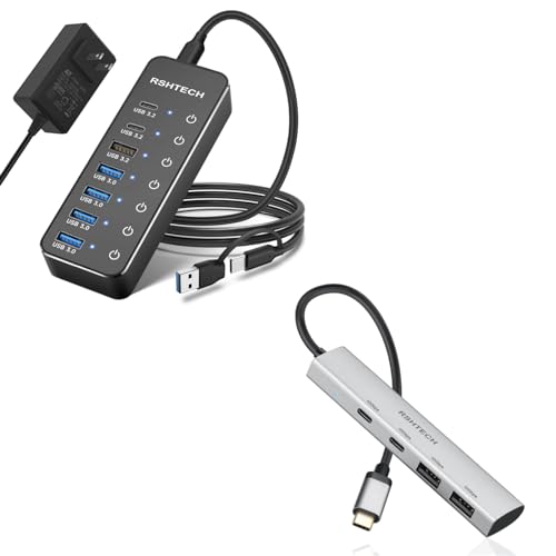 RSHTECH 7-Port Powered USB C Hub 10Gbps with 3 USB 3.2, 4 USB 3.0 Ports + 4 Ports USB A/USB C Hub 10Gbps