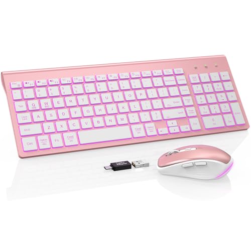 SABLUTE Wireless Keyboard and Mouse Combo, Compact Backlit Scissor Keys | Slim Design, Rechargeable, Quiet Typing, RGB Mouse, Auto Sleep, 2.4GHz USB Wireless, KM61PRO Portable Set for Windows & Mac - color: Rose Gold