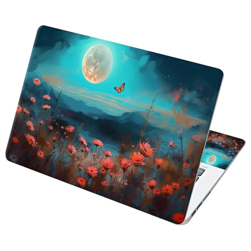 Universal Laptop Skin Sticker with 2 Wrist Pad Decals, 3-Piece Removable Vinyl Laptop Cover, Moon Poppy Waterproof Anti-Scratch, Easy-Trim Fit for 13.3" 14" 15.6" Laptops - color: Moon Poppy