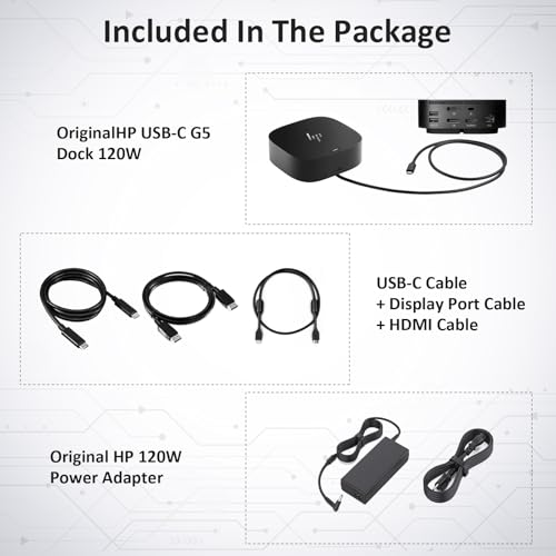HP Docking Station for Dual Monitor Bundle - HP USB-C G5 Dock for USB-C & Thunderbolt Laptop with 120W AC Adapter + HDMI & DisplayPort Cables + USB Cable