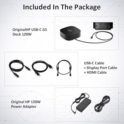 HP Docking Station for Dual Monitor Bundle - HP USB-C G5 Dock for USB-C & Thunderbolt Laptop with 120W AC Adapter + HDMI & DisplayPort Cables + USB Cable