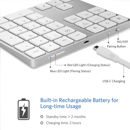 JOYEKY Bluetooth Number Pad, Wireless Numeric Keypad, USB-C Rechargeable External 34-Keys Numpad, Financial Data Entry Keyboard for iMac, MacBook Air/Pro, PC Desktop, Laptop Notebook(Silver) - color: A-White