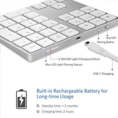 JOYEKY Bluetooth Number Pad, Wireless Numeric Keypad, USB-C Rechargeable External 34-Keys Numpad, Financial Data Entry Keyboard for iMac, MacBook Air/Pro, PC Desktop, Laptop Notebook(Silver) - color: A-White