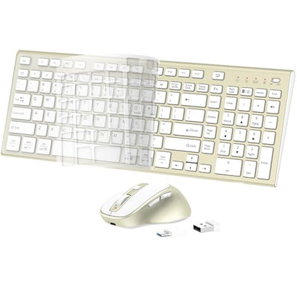 Rechargeable Wireless Keyboard and Mouse with Number Pad Gold | Quiet Silent, Slim Thin Flat Low Profile Soft Key, USB C, with Skin Cover, Ergonomic Mouse, for Mac Windows PC, Home Office - color: Gold
