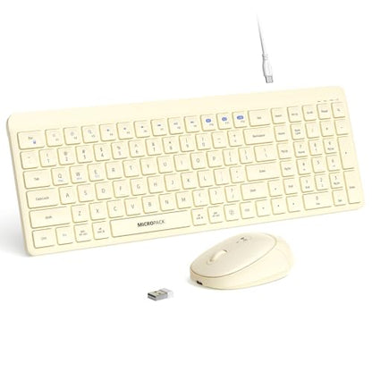 Wireless Keyboard and Mouse Combo for Desktop Mac iPad Bluetooth 2.4 Ghz Rechargeable Ultra Silent Click with Number Pad Compatible with Pc, Laptop, Tablet (Cream) - color: Cream