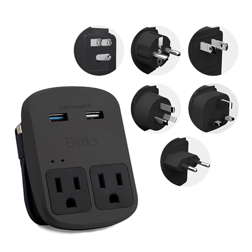 Ceptics World Travel Adapter Kit - QC 3.0 Dual USB + Dual US Outlets, Surge Protection, Perfect For Europe, UK, China, Australia, Japan, Perfect For Laptop, Cell Phones, Cameras - Safe ETL - Black - color: Matte Black
