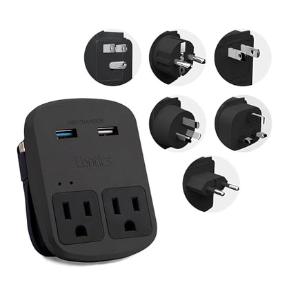 Ceptics World Travel Adapter Kit - QC 3.0 Dual USB + Dual US Outlets, Surge Protection, Perfect For Europe, UK, China, Australia, Japan, Perfect For Laptop, Cell Phones, Cameras - Safe ETL - Black - color: Matte Black