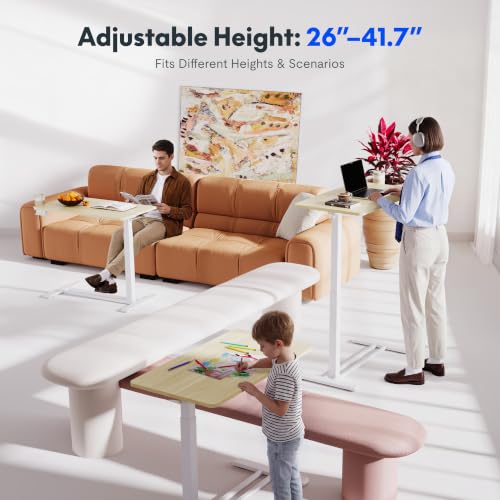 FLEXISPOT H7 32" Pneumatic Height-Adjustable Overbed Table with Wheels | C-shaped bedside table TV Tray,Medical End Side Table,Laptop desk for sofa and home office use,31.5"W x 17.7"D,White Wood - color: White Wood Grain, size: Large