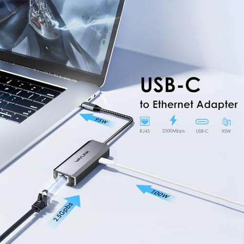 WAVLINK USB C to Ethernet Adapter 2.5 Gbps, USB to 2.5G Ethernet Adapter with 95W Power for Laptop, USB-C to RJ45 Network Converter (Thunderbolt 4/3 Compatible) for Windows, Mac OS, iPad OS and More | 95W Power for Laptop, USB-C to RJ45 Network Converter
