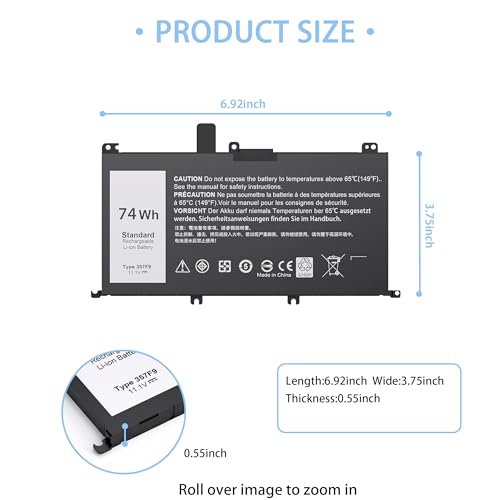 74WH 357F9 Laptop Battery Replacement for Dell Inspiron 15 7000 Gaming 15 7559 i7559 7557 i7557 5577 7567 5576 7566 INS15PD Series P65F P65F001 P57F P57F003 71JF4 071JF4 0GFJ6 0357F9 - size: 6.92*3.75*0.55inch 357F9