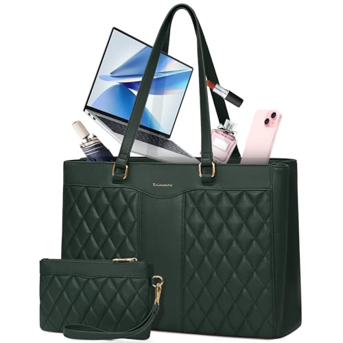 RAINSMORE Laptop Bag for Women 15.6 Inch Work Tote Bags Leather Laptop Tote Professional Laptop Purse Computer Handbag Womens Briefcase Tote with Clutch for Teacher Office Travel, Dark Green - color: Dark Green