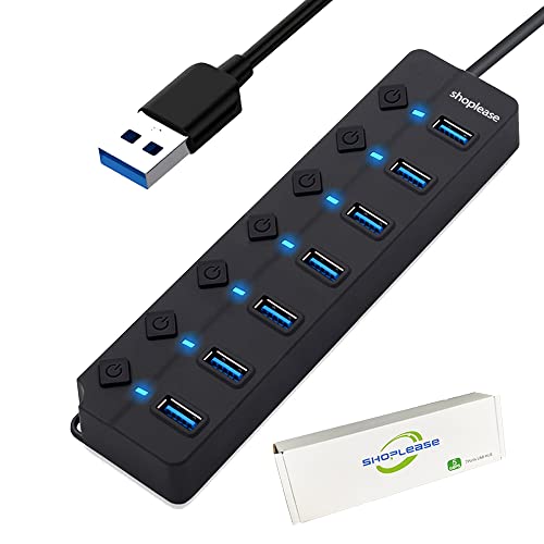 7-Port USB 3.0 Hub with Individual Power Switches and LED Lights, High-Speed Data Hub Splitter Portable USB Extension Hub for PC Laptop and More (No Power Adapter)