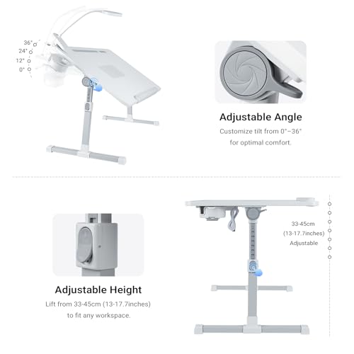 Adjustable Laptop Lap Desk with Cooling Fan USB Light for Adults - color: White,70x45cm