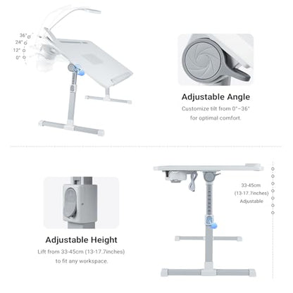 Adjustable Laptop Lap Desk with Cooling Fan USB Light for Adults - color: White,70x45cm